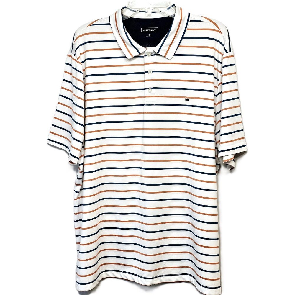 Crown & Ivy Men’s Striped Polo Shirt in White, Blue, Orange – Size XL